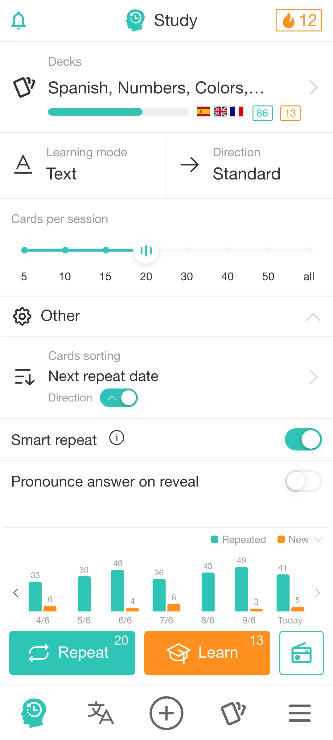 Study dashboard in the Rememberry mobile app