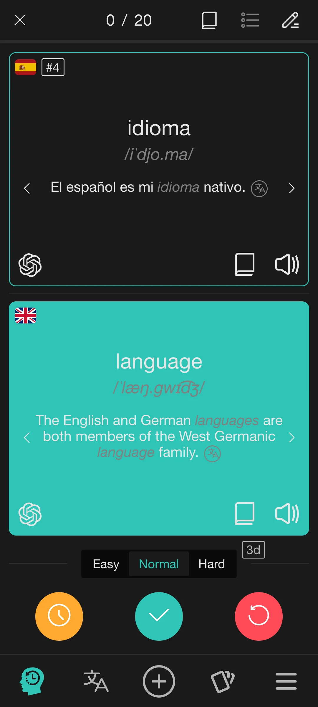 Studying vocabulary flashcards in the Rememberry mobile app