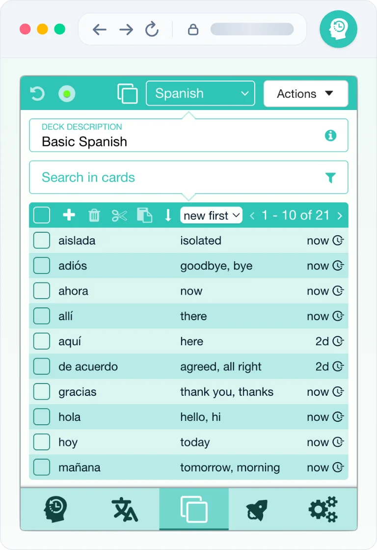 Managing saved vocabulary cards and decks in the Rememberry extension