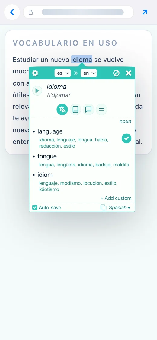 Translating selected text with the Rememberry extension in Firefox for Android