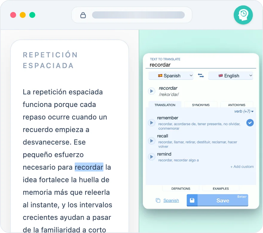 Rememberry translating in the browser side panel beside a web page