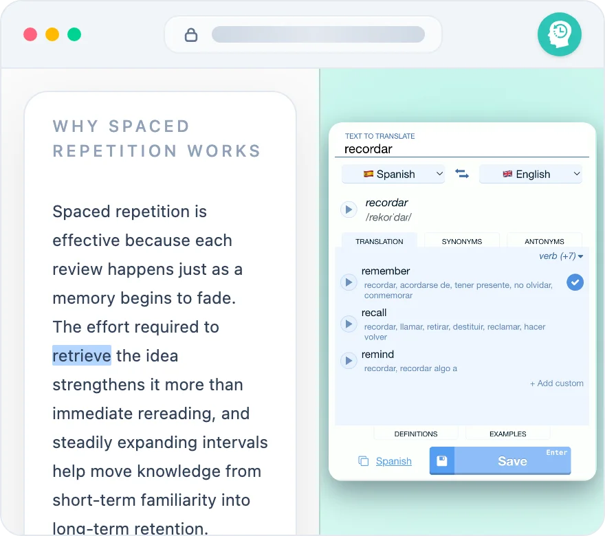 Rememberry translating in the browser side panel beside a web page