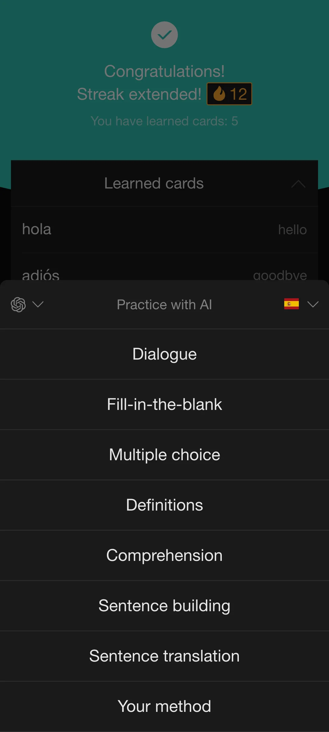 Choosing AI exercises based on studied cards in the Rememberry mobile app