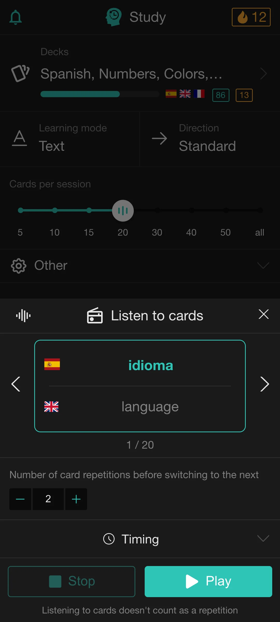 Listening to vocabulary cards hands-free with Playback in the Rememberry mobile app