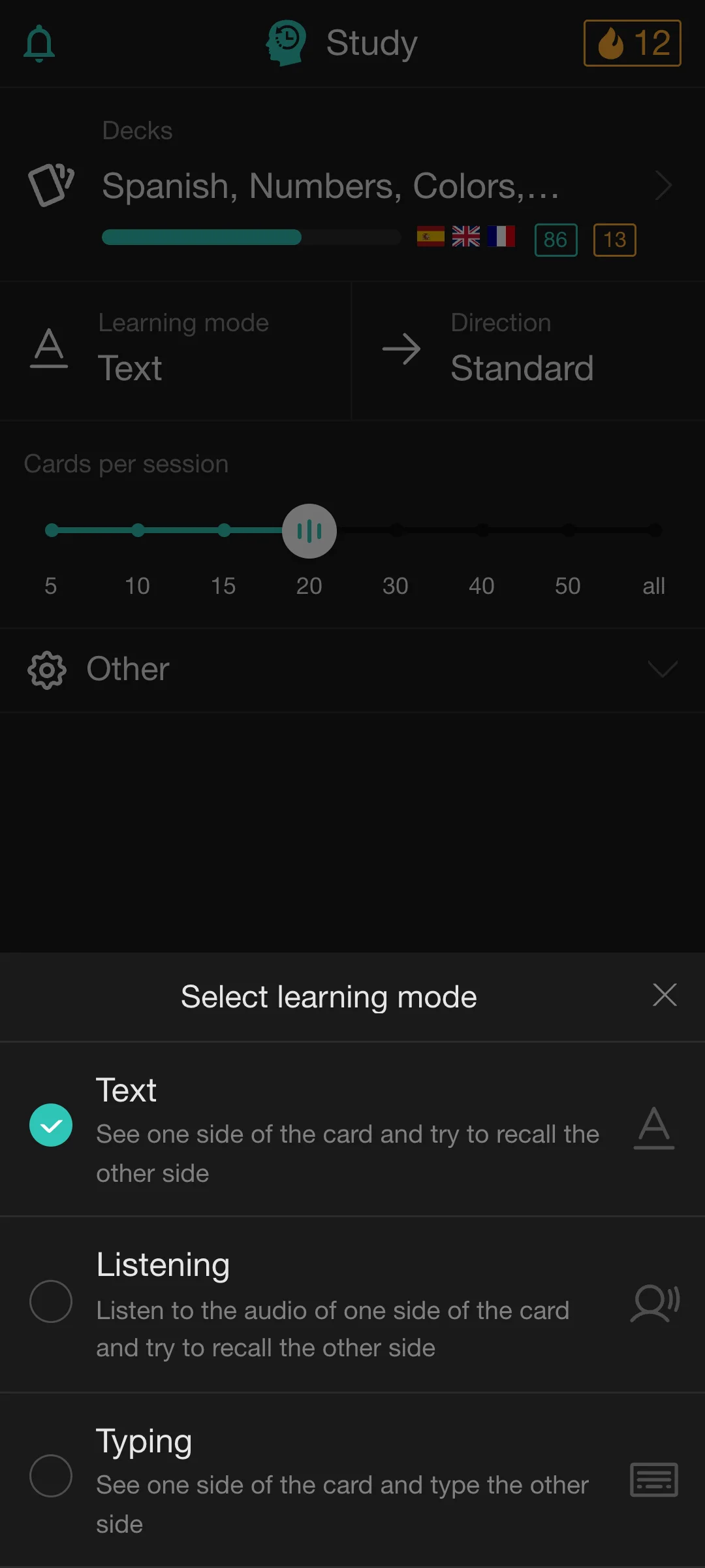 Choosing reading, listening, or typing practice in the Rememberry mobile app