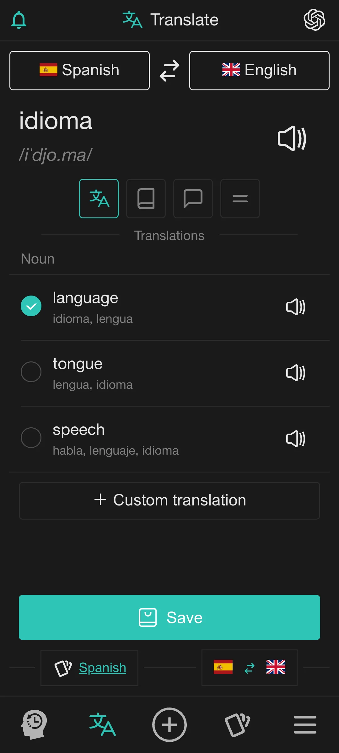 Translating a word and saving it as a card in the Rememberry mobile app